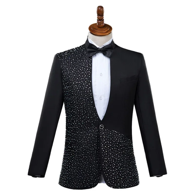 

Performance Clothing Male Adult Standing Collar Sequin Set Singer Host Clothing Stage Chorus Men's Dress Suit Two Piece Set