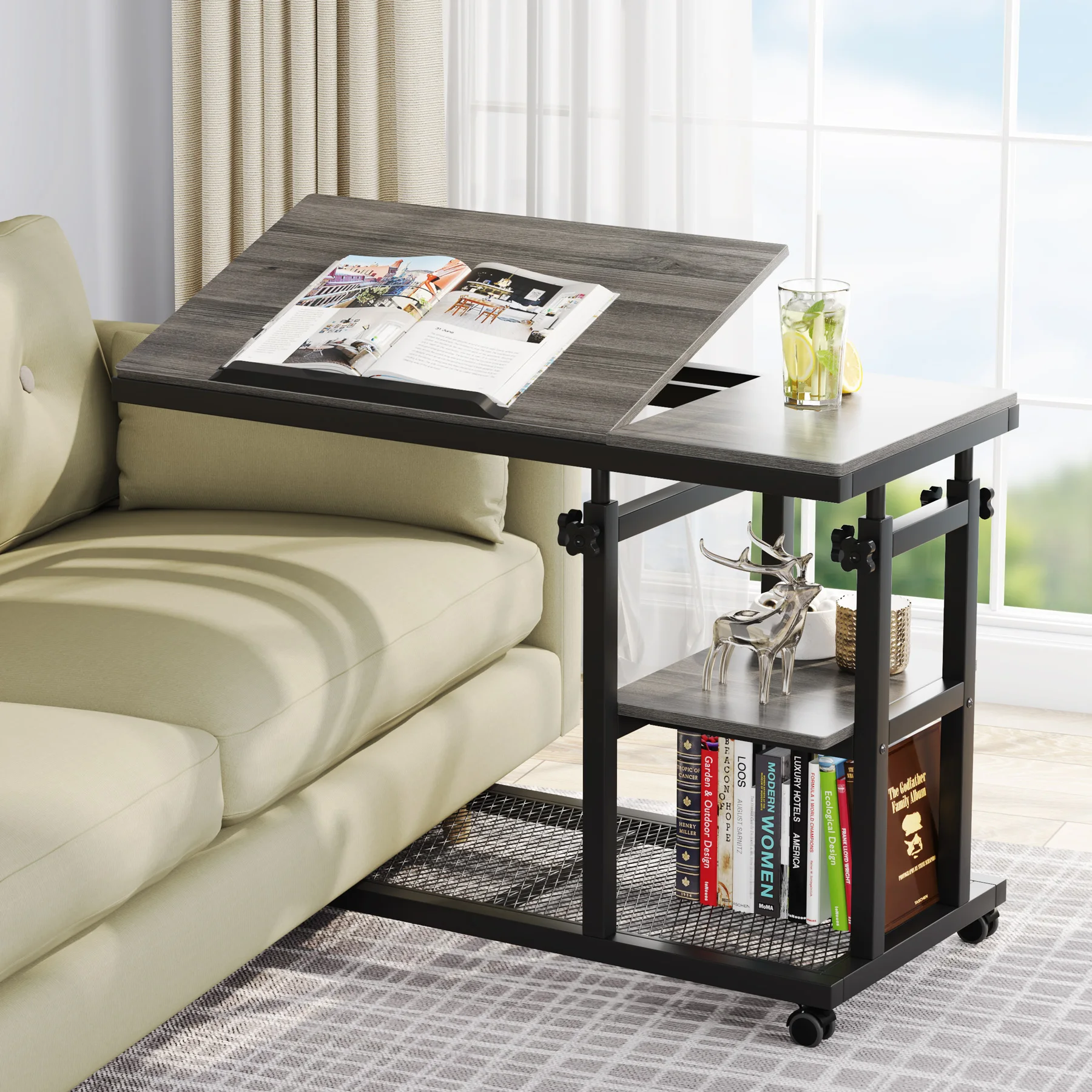 

Tribesigns Height Adjustable C Table with Wheels, Mobile Couch Snack Side Table, Sofa Bedside Laptop Stand