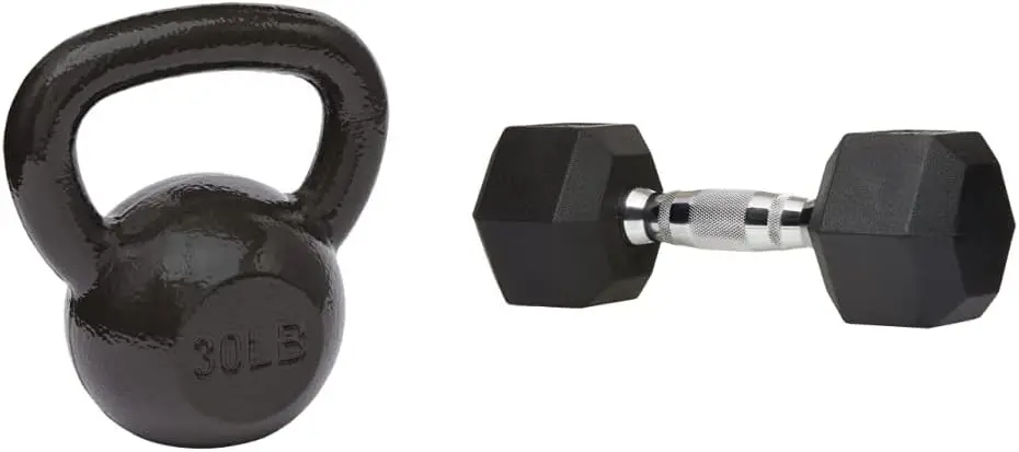 

Basics Rubber Encased Hex Dumbbell Weight - 12 x 4.9 x 4.4 Inches, 20 Pounds, Pack of 1 & Cast Iron Kettlebell - 25 Pounds,