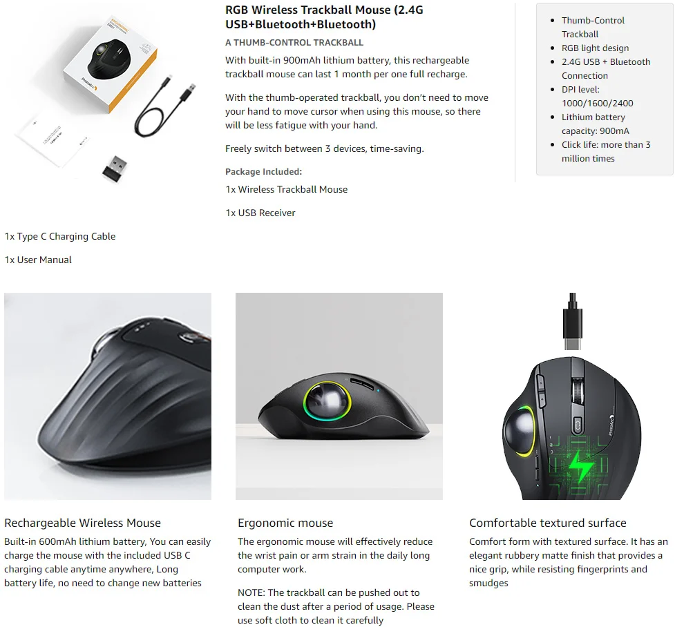 wireless mouse with usb c Jelly Comb RGB Wireless Trackball Mouse Bluetooth +2.4G Rechargeable Gaming Mouse Ergonomic Mice Thumb Control Mouse mouse computer mouse