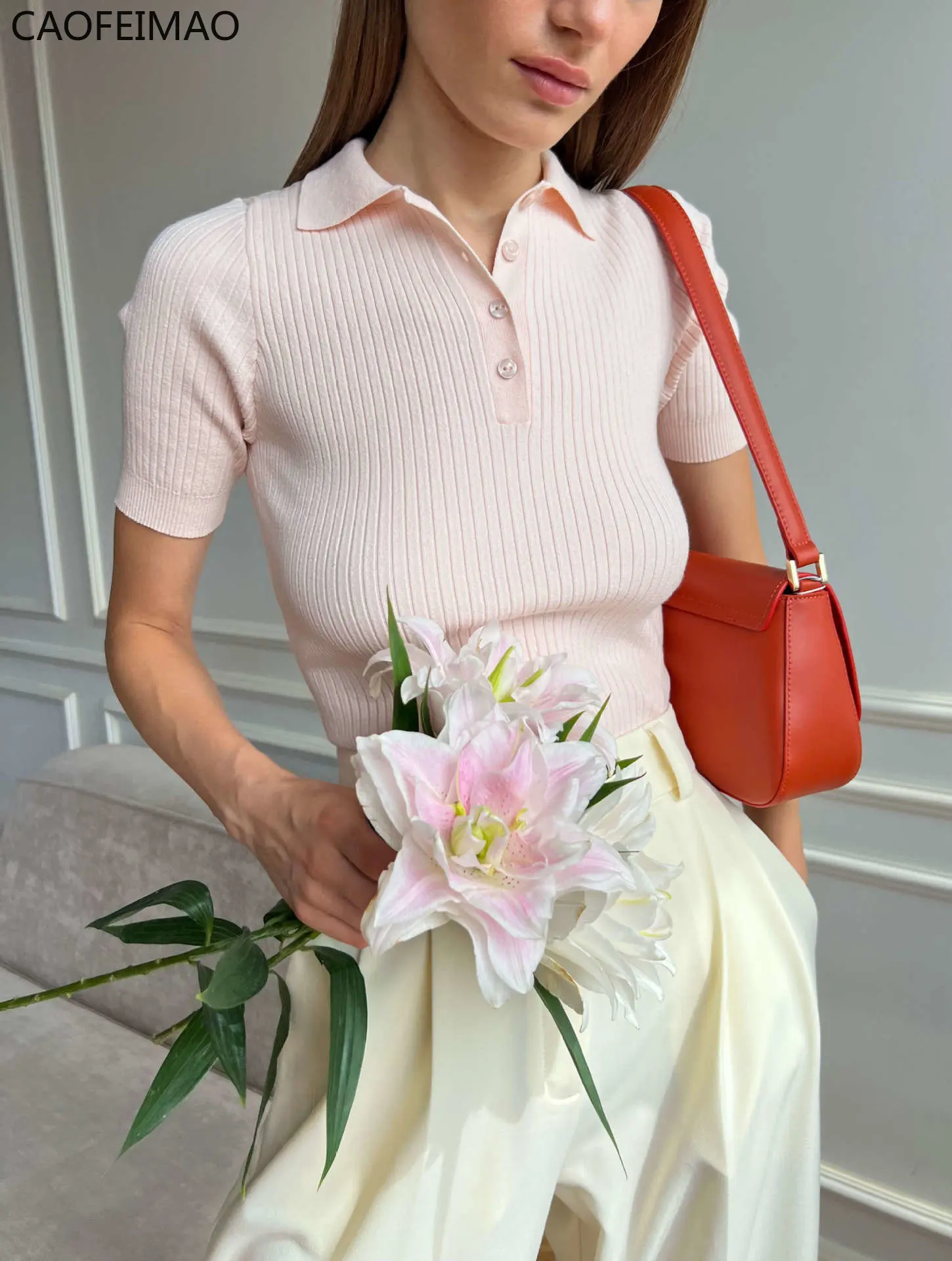 Caofeimao 2023 New Summer Women's Polo Shirts Fashionable Short Sleeve Solid Buttons Casual Loose вязание Sweatshirts
