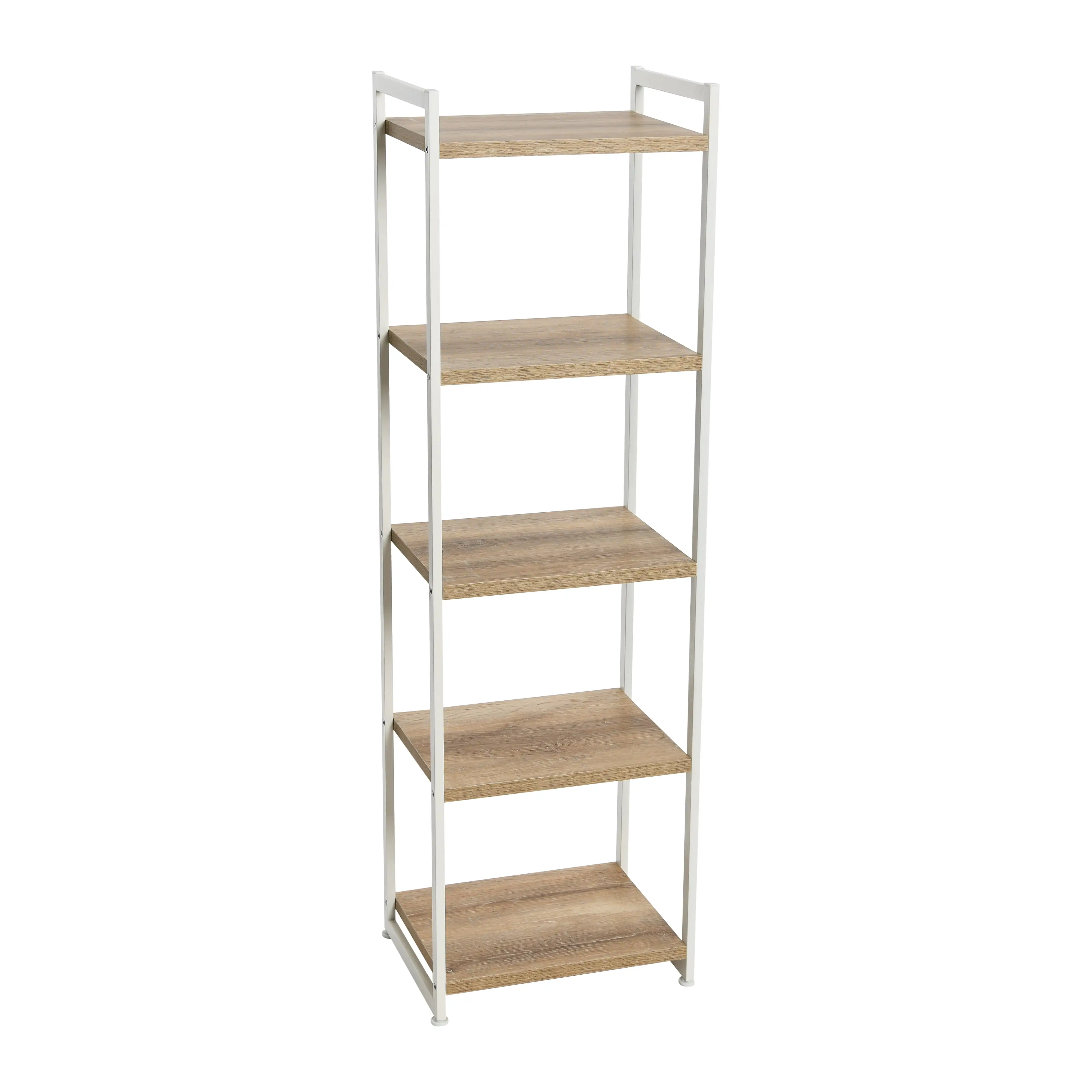 

Household Essentials Tower Bookshelf, Tall and Narrow Bookshelf with 5 Shelves, Coastal Oak Wood Grain White Metal,