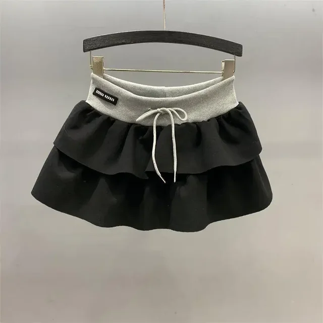 Color Block High-Waisted Letter Stickers Double Layer Cake Skirt For Women 2024 Summer Korean Style Anti-Exposure A- Line Skirt