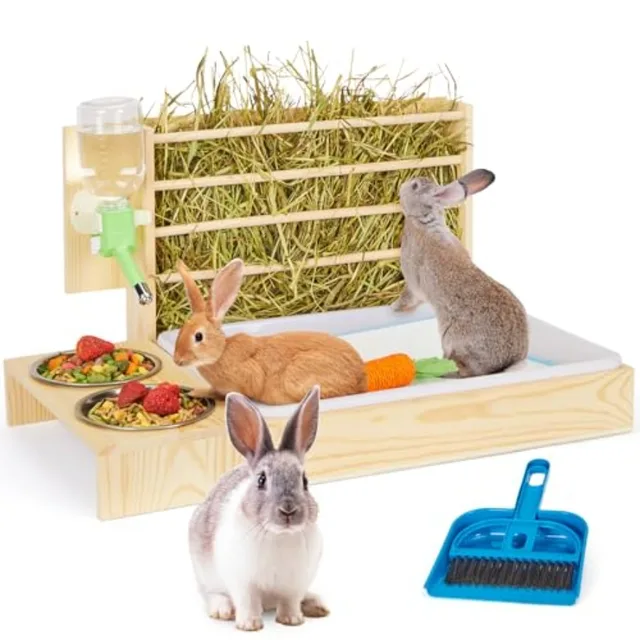 4 in 1 Rabbit Hay Feeder with Litter Box Small Animals Hay Rack with Water Bottle and 2 Bowls Wooden Bunny Hay Holder Feeder To