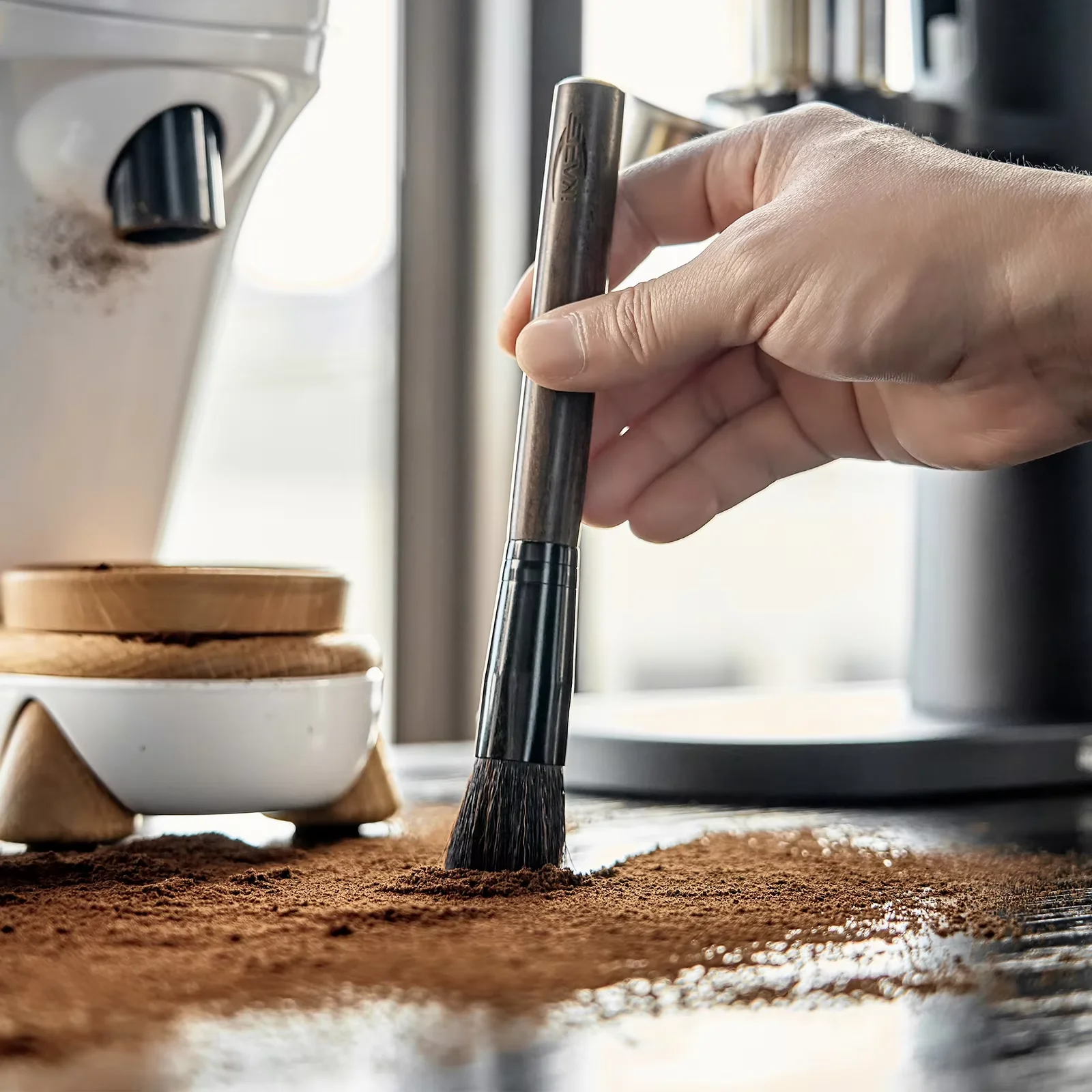 Icabi Coffee Grinder Cleaning Brush, Espresso Machine Cleaner with Wooden Handle, Barista Accessory Cleaning Tool