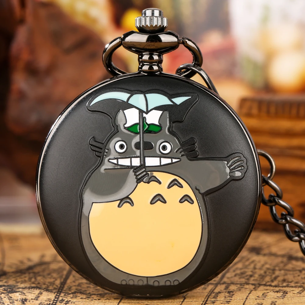 

Matte Black/Bronze Cartoon Pattern Quartz Pocket Watch Kids Men Women Roman Numerals Display Round Dial Vintage Necklace Watch