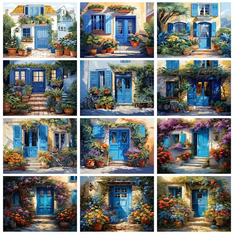 

CHENISTORY Paint By Number Flower Blue Door Scenery Pictures By Number Drawing On Canvas HandPainted Art Gift Kit DIY Decoration
