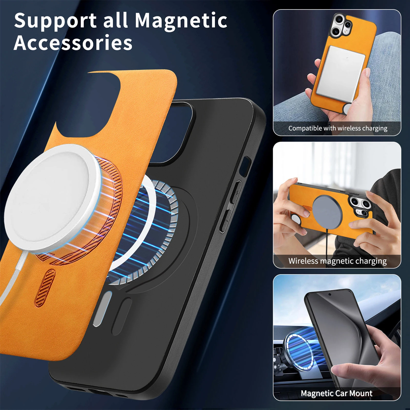 Magnetic Leather Case with MagSafe Wireless Charging and Matte Shockproof Bumper