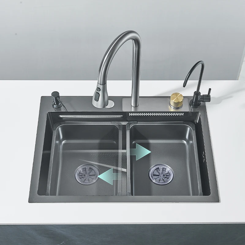 Dark Grey Nano Kitchen Sink Above Mount Washing Basin Chopping Board 304 Stainless Steel Single Grey Kitchen Sink Kitchen Faucet 4