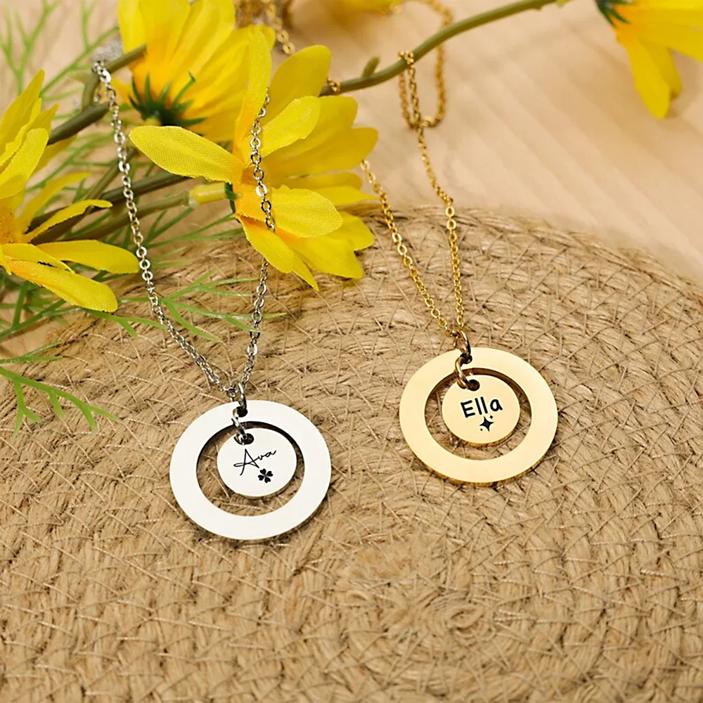 

Customized Two Round Circles Pendant Engrave Name Date Necklace Couple Stainless Steel Personalized Jewelry Anniversary Gifts