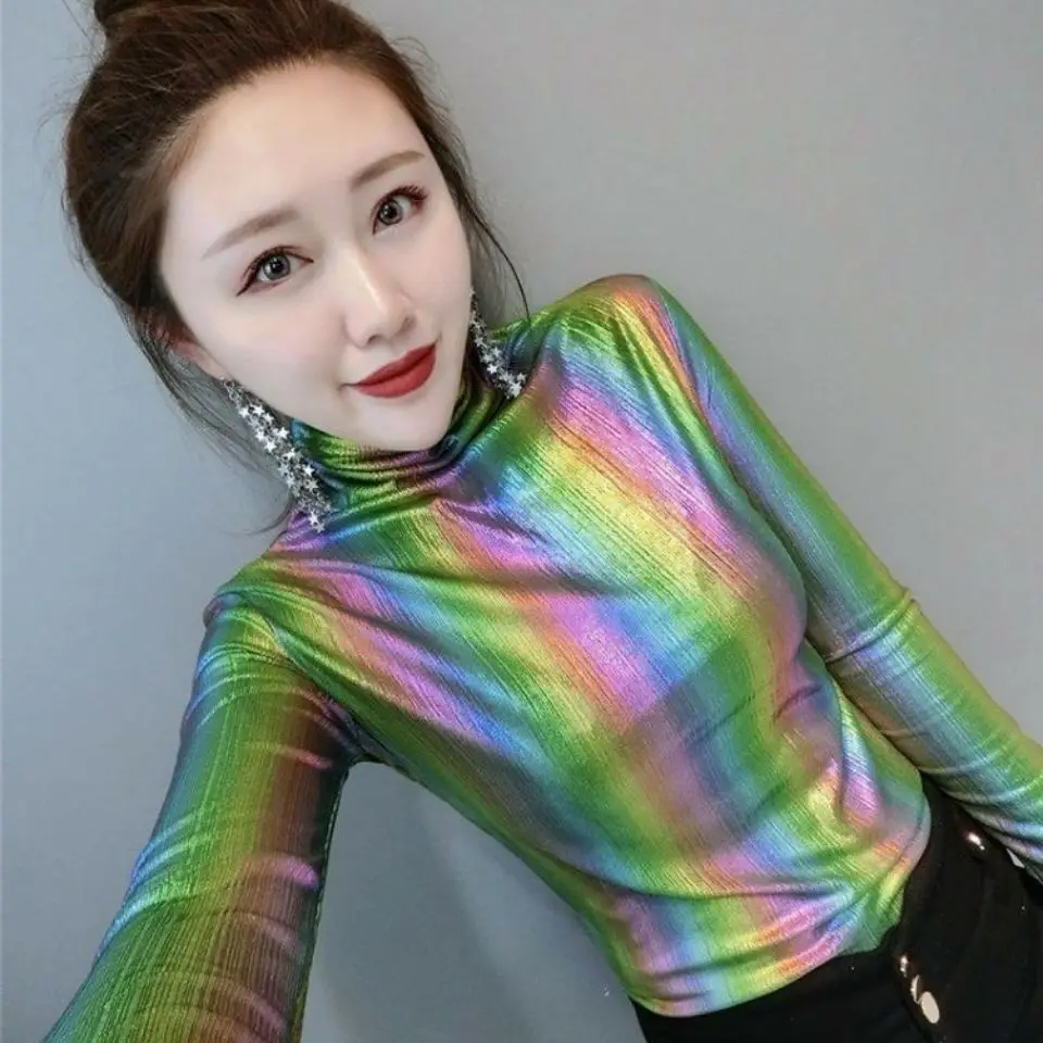 

European Style Ladies Streetwear Y2k Top Women Clothes Female Girls Spring Autumnr Chic Harajuku Sexy Shiny T-shirt Dropshipping