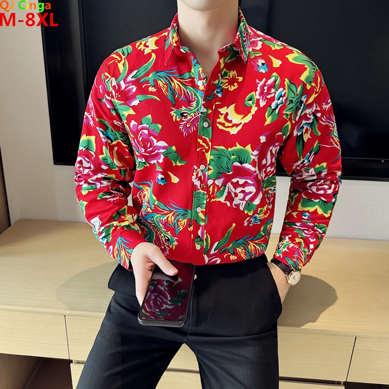 

8XL Red Printed Long Sleeve Shirts Men's Single-Breasted Square Collar Shirt Chinese Nostalgia Style Tops Camisa Male Chemise