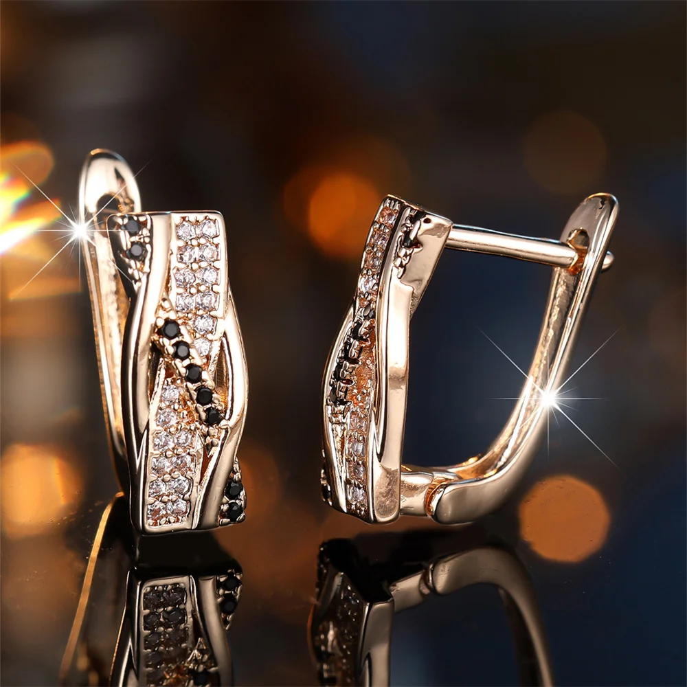 Retro Black Stone White Zircon Small Hoop Earrings For Women Vintage Gold Color Ear Buckle Wedding Jewelry Engagement Party Gift