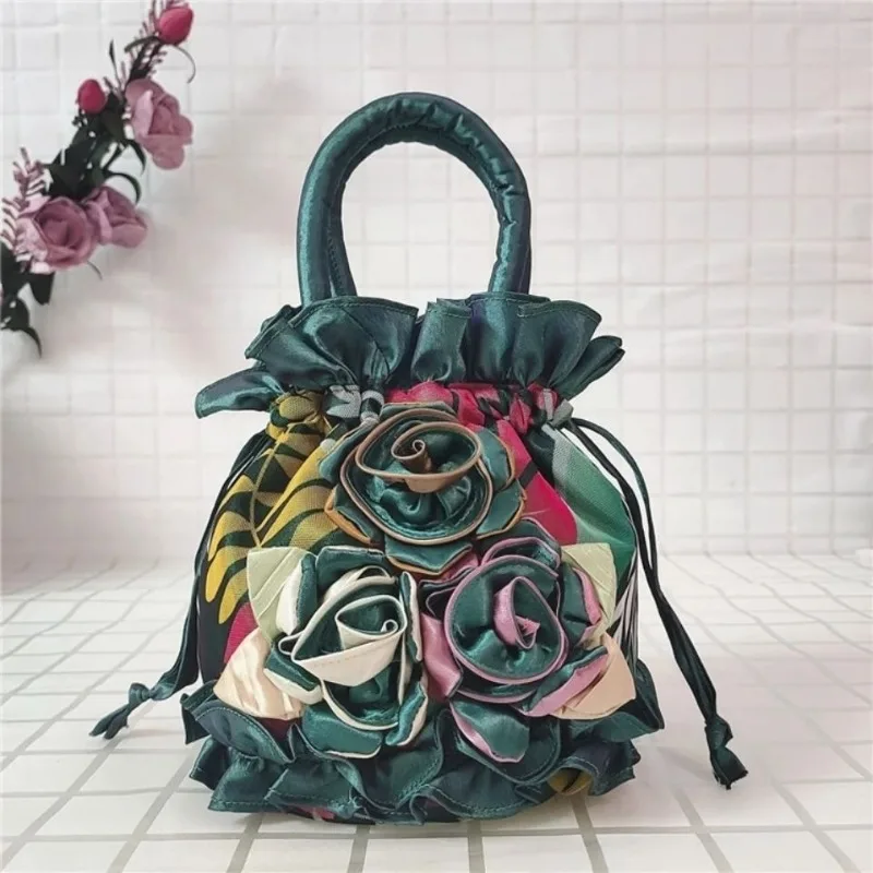 Lace Ethnic Style Bucket Cloth Drawstring Women Handbag Dinner Handmade Hanfu Bag