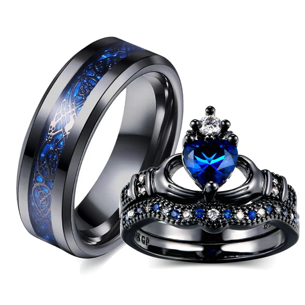 Charm Couple Ring Men's Stainless Steel Celtic Dragon Ring Blue Zircon  Women's Ring Sets Valentine's Day Wedding Band Jewelry