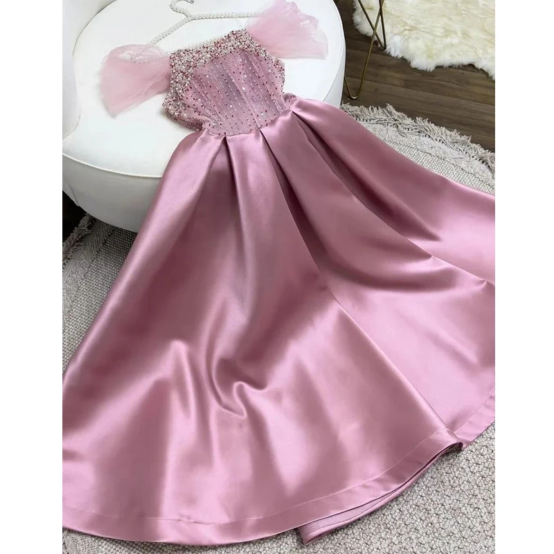 

Pink Sexy Strapless Off the Shoulder Sleeveless Ball Gown Evening Dresses Gorgeous Beads Pearl A-Line Floor Length Prom Party
