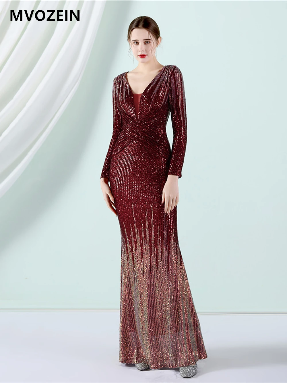 

Elegant Party Dress for Women 2023 Glitter Sheath V-Neck Long Sleeves Sequin Luxury Evening Dresses Women's Party Gown