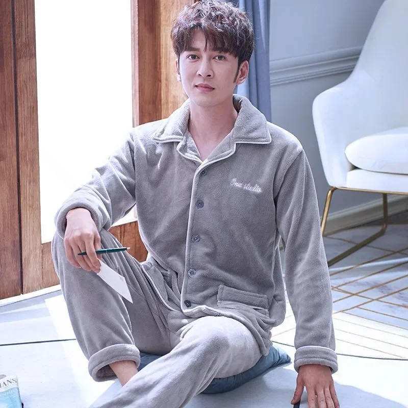 2024 New Men's Coral Velvet Pajamas Autumn Winter Warm Loungewear Thickened Flannel Cardigan Sleepwear Set V-neck Plush Homewear