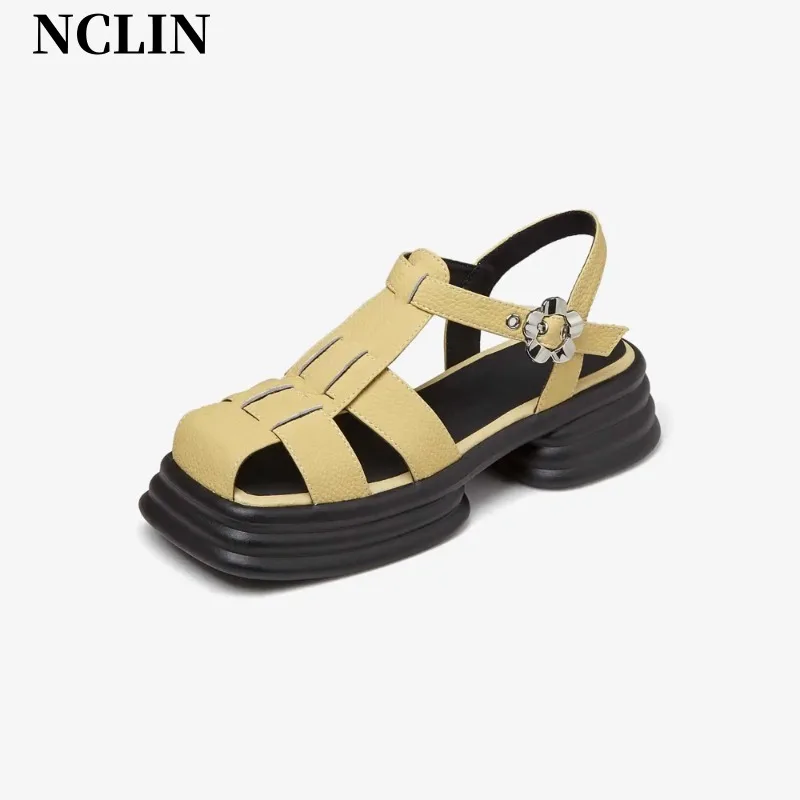 

2024 New Natural Leather Square Toe Gladiator Summer Shoes Med Heel Platform Leisure Fashion Daily Wear Women Sandals Handmade