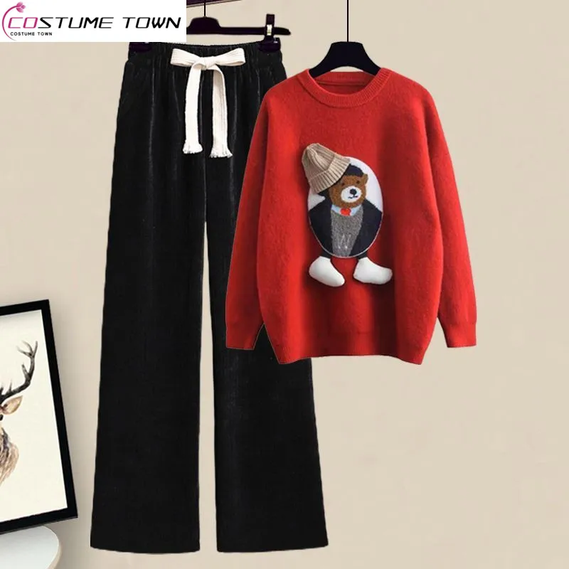 Winter Set Women's 2023 New Large Women's Loose and Versatile Cartoon Age Reducing Sweater Wide Leg Pants Two Piece Set Fashion