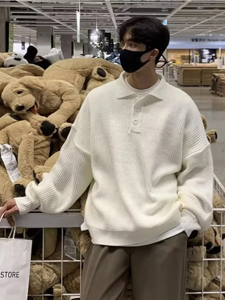 Retro American Knitted Sweater Men's Casual Oversize  Collar Autumn Winter Leisure Versatile Faion Brand Pure Color