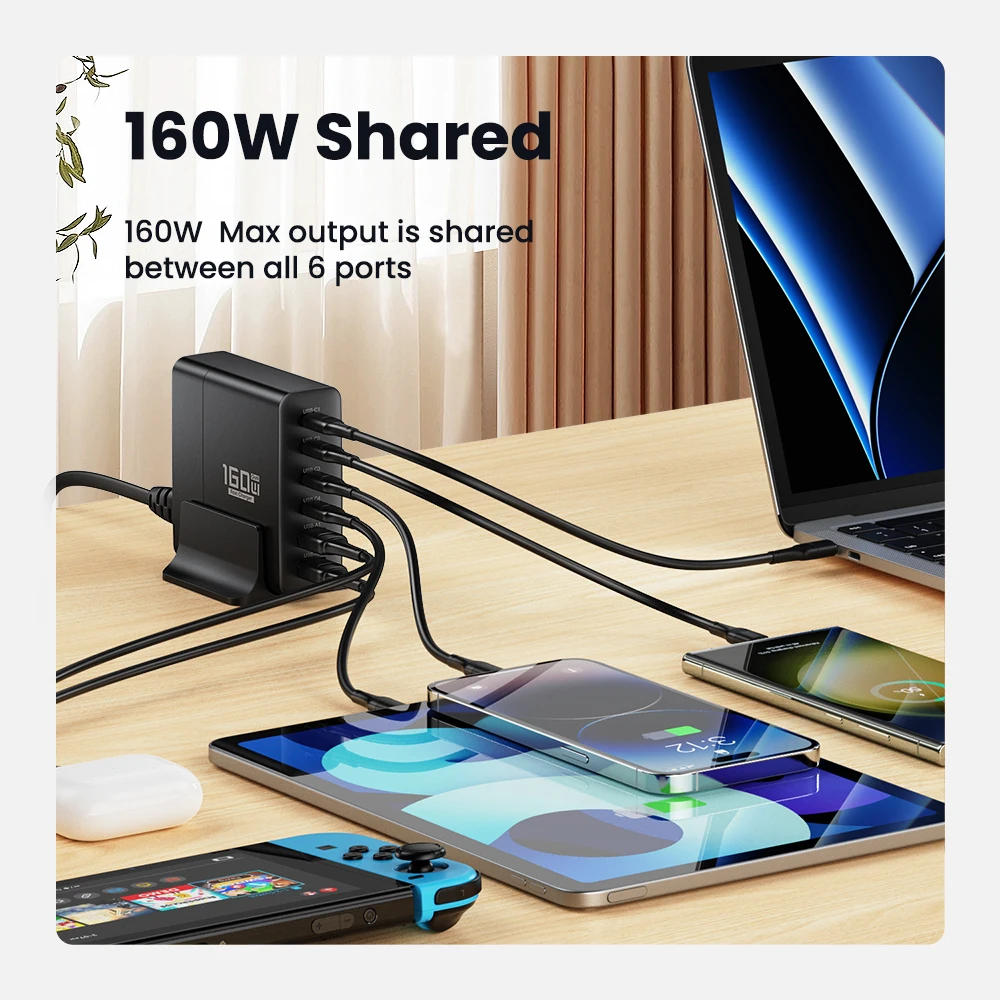 Power Charger 160W GaN USB Type C Multiple Ports PD PPS QC4.0 Desktop Fast Charger For iPhone 14 Pro Samsung S23 Macbook Laptop iPad