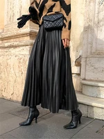 Black PU-leather Pleated Skirt New Women High Waist Fashionable All-match A-Line mi-long Skirt Female 2
