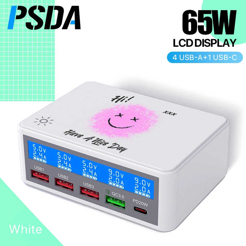 

PSDA 3D Holidays Quick Charger 65W 5-Port LED Display Quick Charge 3.0 Fast Charger Desktop Charging iPhone 15 14 pro max iPad