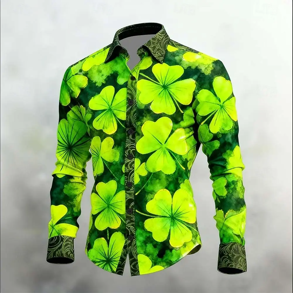 חולצת שמרוק גרפית לגברים עם כפתורים, שרוול ארוך, הוואייתית ונוחה לחופשה, יום סנט פטריק באביב