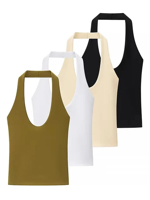 Haut basique à col licou pour femmes, nouvelle série de couleurs unies, Slim, dos nu, assorti avec tout, été 2025 1