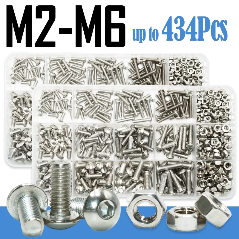 304 Stainless Steel Button Head Hex Socket Cap Screws Kit M2 M3 M4 M5 M6 for Car Furniture Allen Hex Drive Machine Bolts Nut Stainless Steel Screws Screw Bolt Nut Set Hex Nuts Assortment Kit Screw Washer Nut Kit Hexagon Socket Head Cap Screw Auto Fasteners Assortment