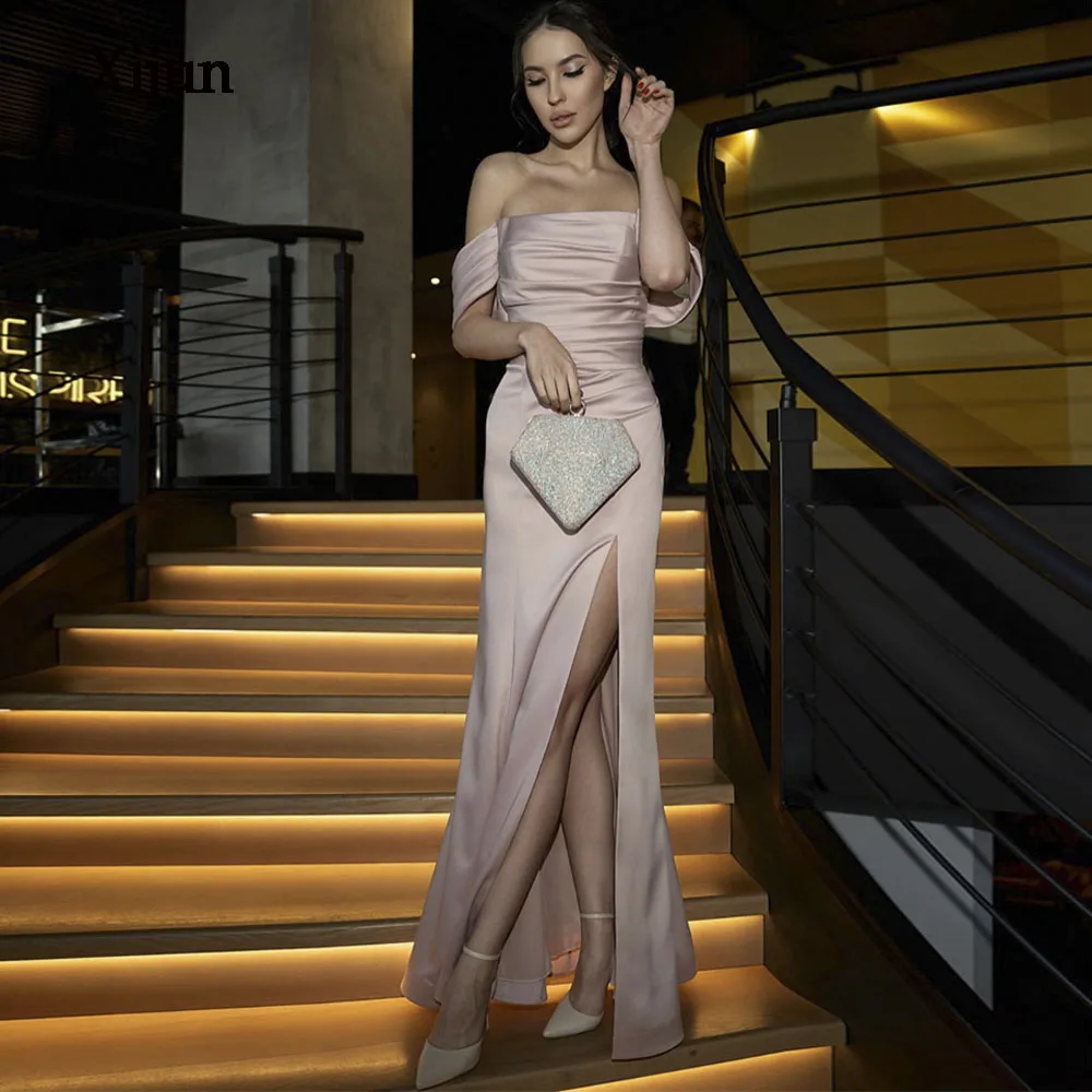 

Xijun Champagne Stain Pleated Off The Shoulder Prom Dresses Floor Length Evening Dress Elegant Prom Gowns Vestidos De Noche