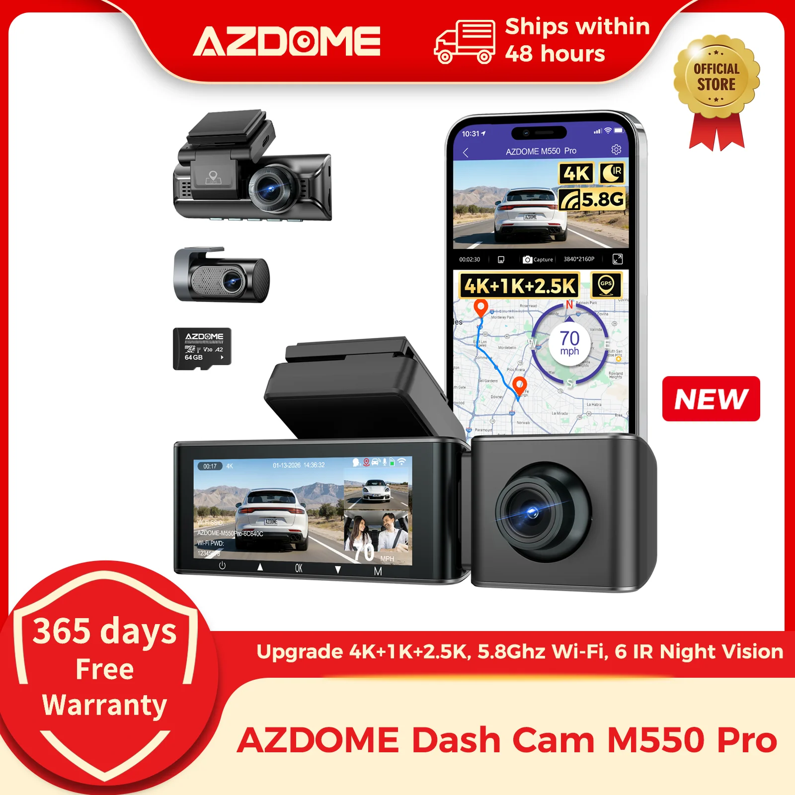 AZDOME M550 Pro 대시 캠 자동차 DVR 5.8Ghz WiFi 3.19" IPS 2 또는 3 채널 대시 카메라 GPS 야간 투시경 듀얼 4K+1080P 주차 모니터