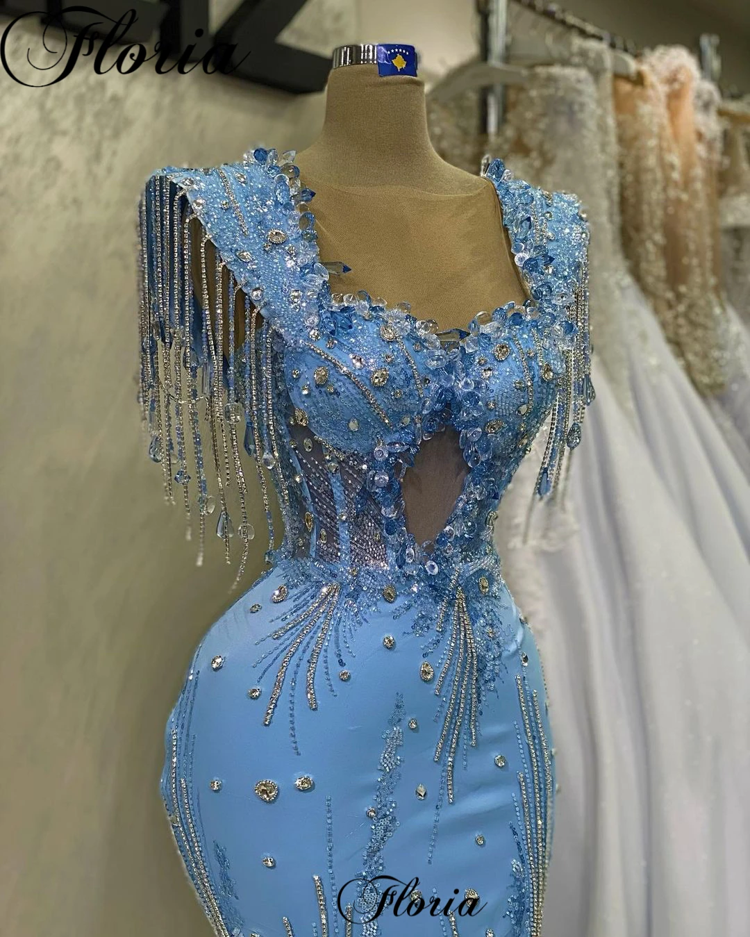 Blue Mermaid Evening Dresses With Crystals Sleeveless Designed Prom Dresses Turkish Coutures Pageant Gowns Robes De Soirée