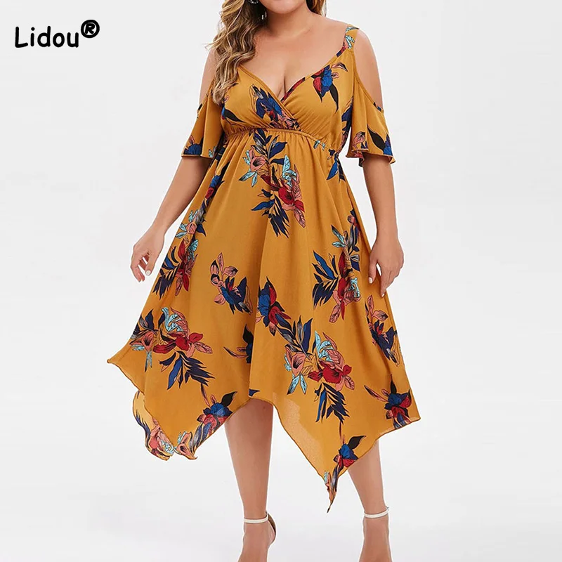 Fashion Plus Size Clothes Lady Summer Deep Vneck Off Shoulder Floral