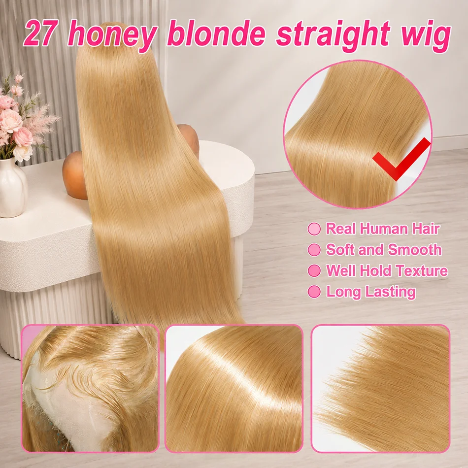 Perruques en cheveux humains avec dentelle HD 13X6 # Perruques Lace Frontal 13×4 transparentes couleur blond miel 27, lisses, vietnamiennes, pour femmes
