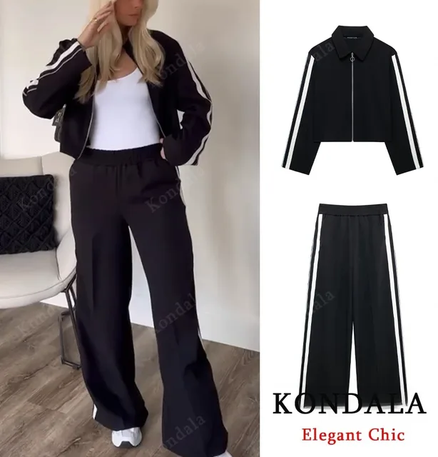 KONDALA Women Casual Pant Set Side Stripe Jacket  Zipper Jacket Wide Leg Pant 2 Pieces Set 2025 Spring Autumn Fashion Women Suit 1