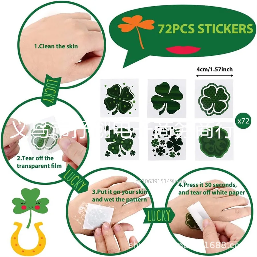 72PC Four Leaf Clover Temporary Saint Patrick's Day Tattoo Sticker Irish Carnival Party Stickers Party Decor Kids Creative Gifts