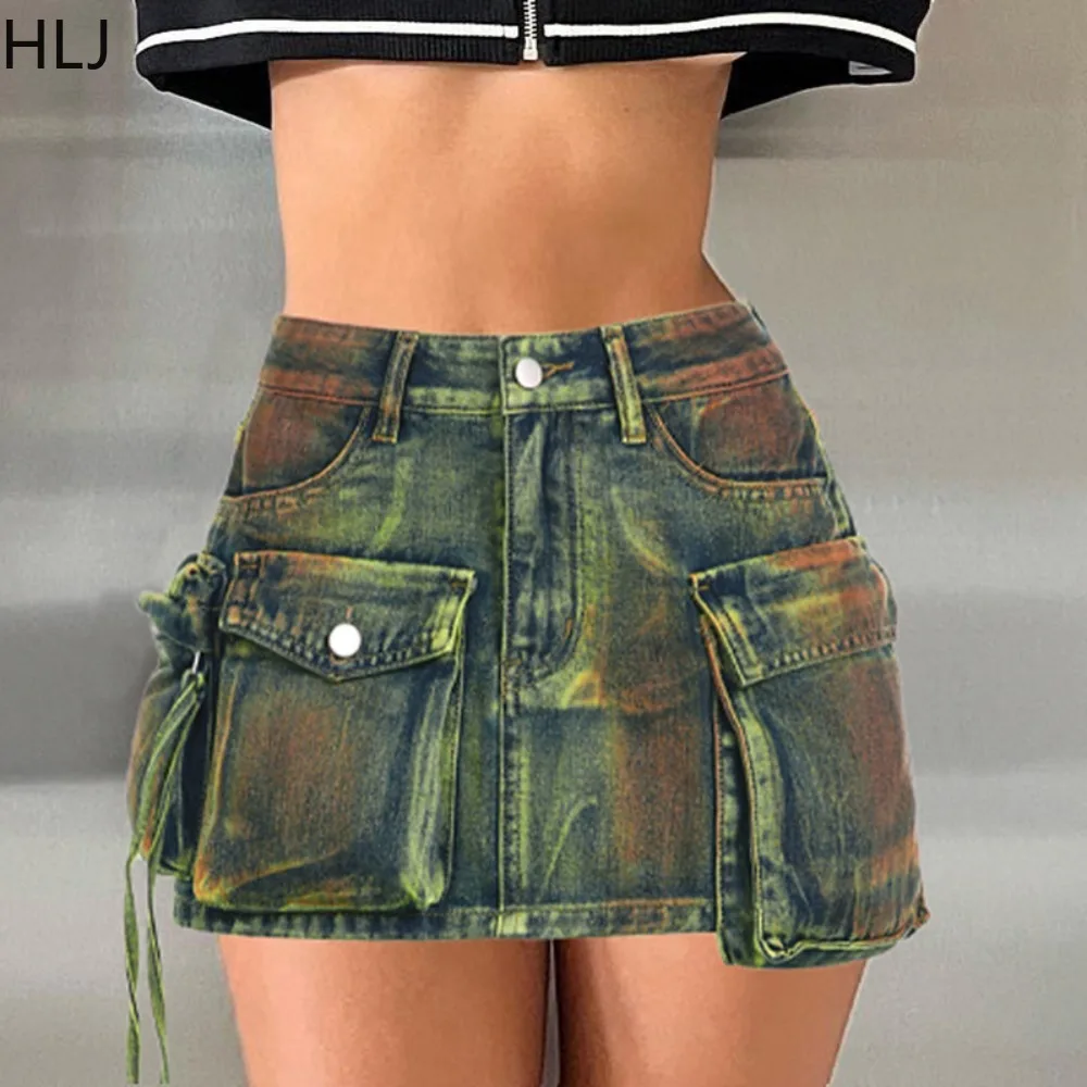 HLJ Fashion Y2K Streetwear Women High Waist Button Denim Skirts Casual Female Pocket Mini Skirts Female Vintage Cowboy Bottoms