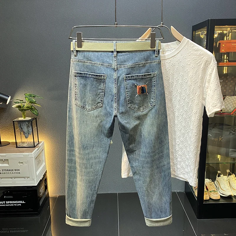 2024Summer new men's cropped jeans affordable luxury fashion embroidered casual all-matching slim fit skinny stretch pants