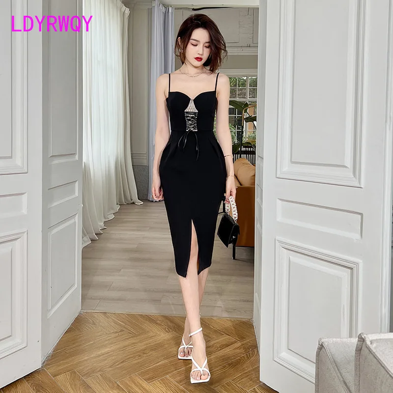 

2022 Summer new women's dress design sense mesh lace splicing dress with chest and waist Office Lady Zippers