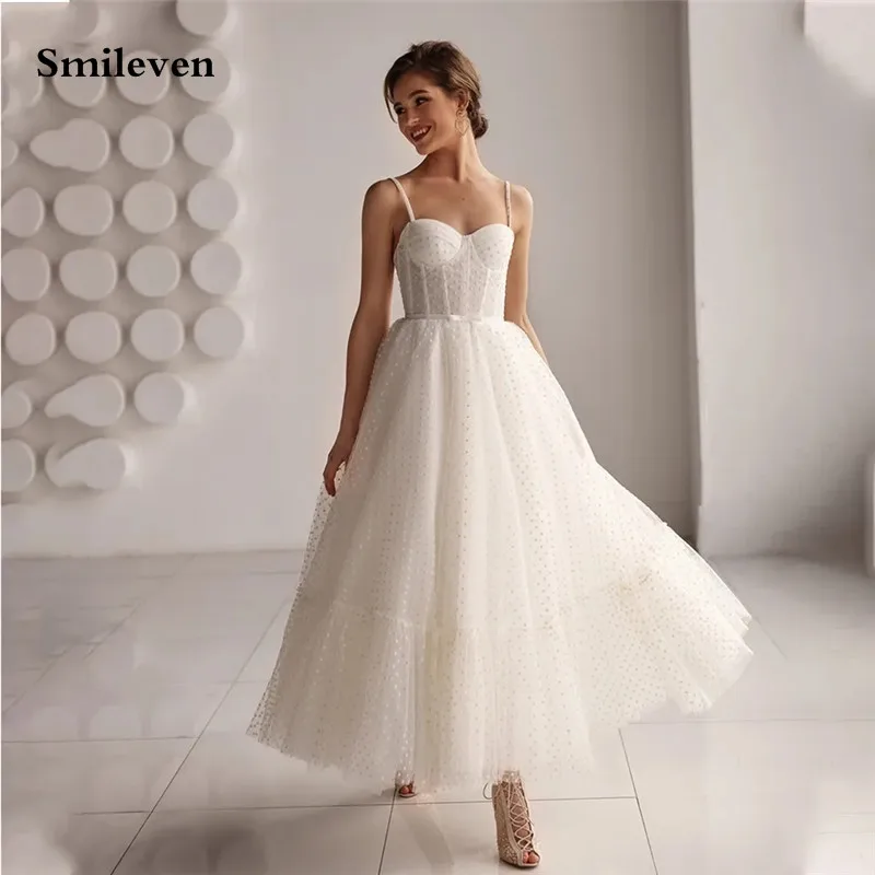 

Smileven A Line Dots Tulle Wedding Dress Ankle Length Sweetheart Neck Bride Dresses Robe De Mariee Simple Corset Wedding Gowns
