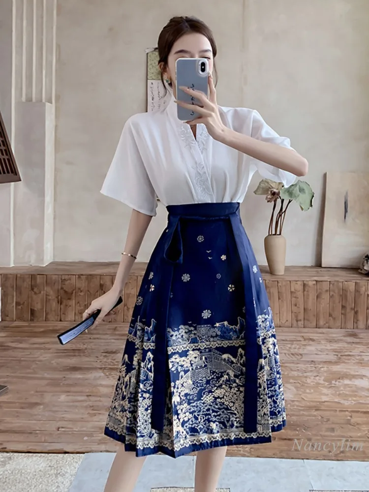 

New Chinese Style Cloth Short Sleeve V Neck Blouse + Horse-Face Skirt Women's Petite Two-Piece Set Outfit Can Buy Separately