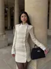 Contrast Gingham O-neck Mini Dress Women Elegant Slim Single Breasted Long Sleeved Dresses Female Spring Fashion Office Robes 5