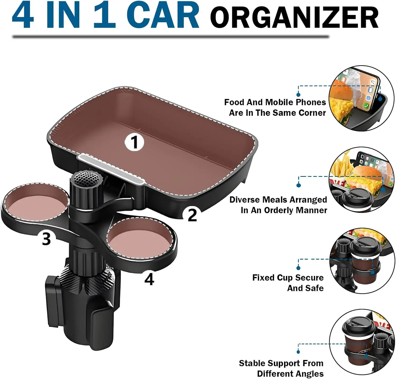 Universal Dual Cup Holder Expander with 360° Rotating Snack and Drink Tray