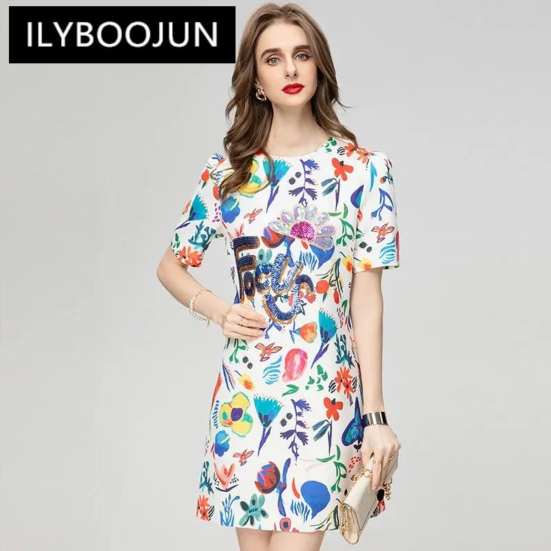 

ILYBOOJUN Fashion Designer Women's Sequin Tie-Dye Short Dresses Summer 2024 Luxury Dress Mini Tbpro Loose Women's Clothing