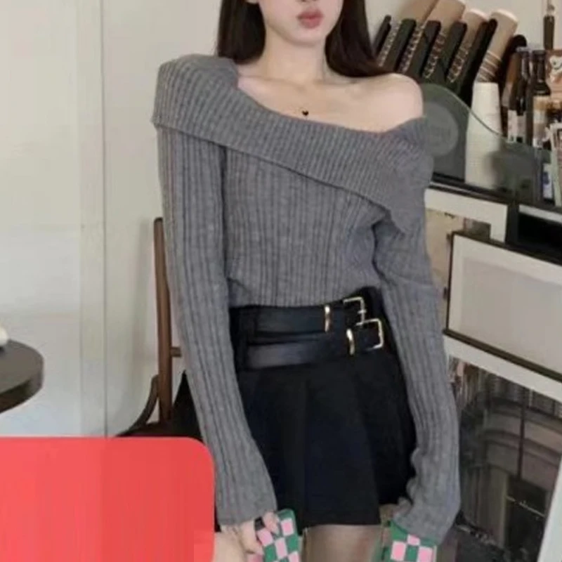 

Office Lady Fashion Slash Neck Sexy Off Shoulder Pullovers New Autumn and Winter Long Sleeve Sweater Women Tops Clothes 28705