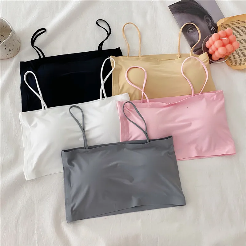 Women Nylon Spaghetti Straps Basic Cropped Tank Top Slim Camis Fitness Underwear Sweet Solid Tube Top 2022 Summer 2-Piece Set ladies bra