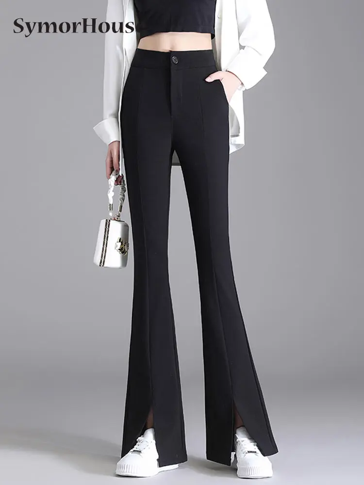 

Spring Summer Women's Split Flare Pants Simple Straight Trousers Elegant High Waist Office Lady Black Wide-Leg Suit Pants Female