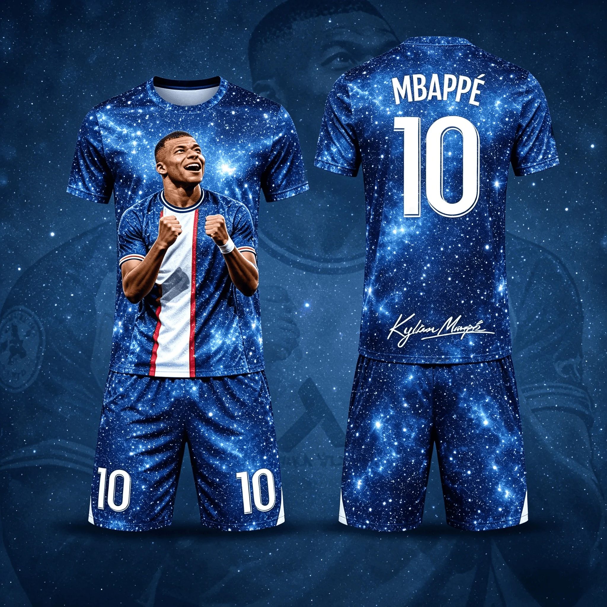 Mbappe Nr. 10 Sternenfarbverlauf Trikot-Set für Erwachsene und Kinder, Schnelltrocknend, Atmungsaktiv, Großes Lockeres Signature T-Shirt